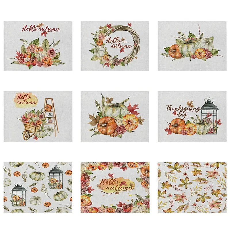 Autumn Pumpkins Maple Leaf Decoration Kitchen Placemat Plant Printing Table Mat 45*32 Linen Waterproof Western Placemat Coasters