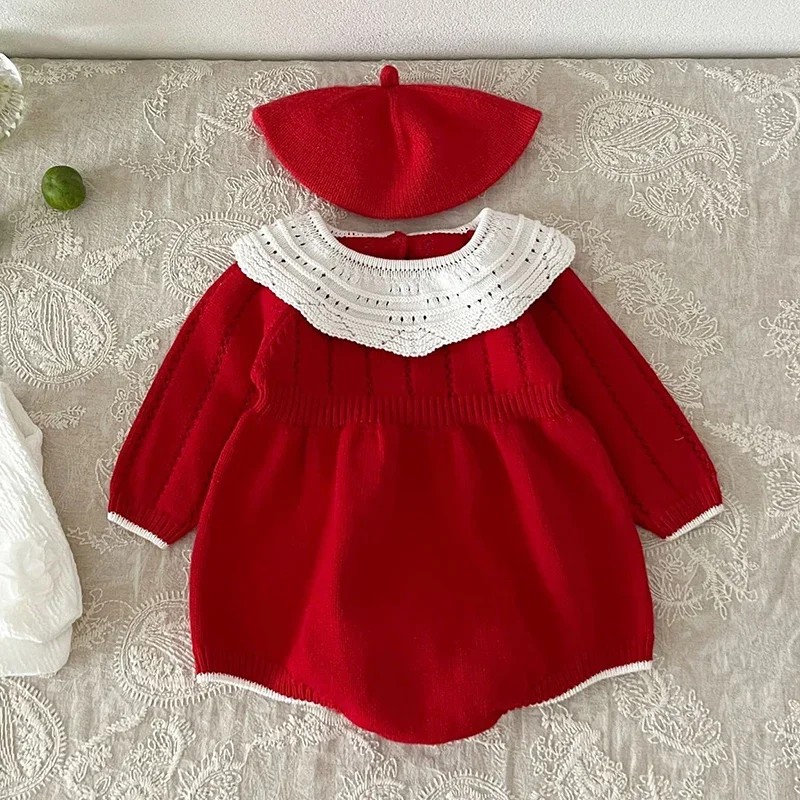 

2024 New Autumn Newborn Baby Girls Knitted Bodysuits Long Sleeved Splicing Infant Baby Girls Jumpsuit Baby Girl Knitted Clothing