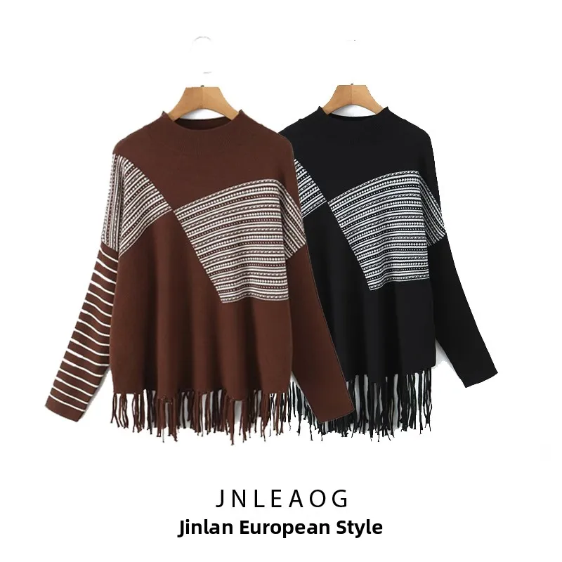 

JNLEAOG Spring New Women's Faion Design Slant Stripe Embroidery Tassel Sweater Crew Ne Long Sve Regular Fit Linen Blend