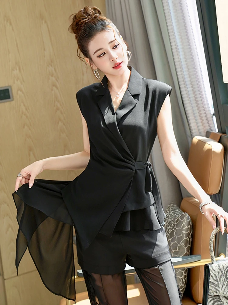 

Новый женский черный пиджак без рукавов, жилет, шифоновая рубашка с рюшами, облегающий офисный повседневный топ с асимметричным дизайном, Mujer, шикарная одежда