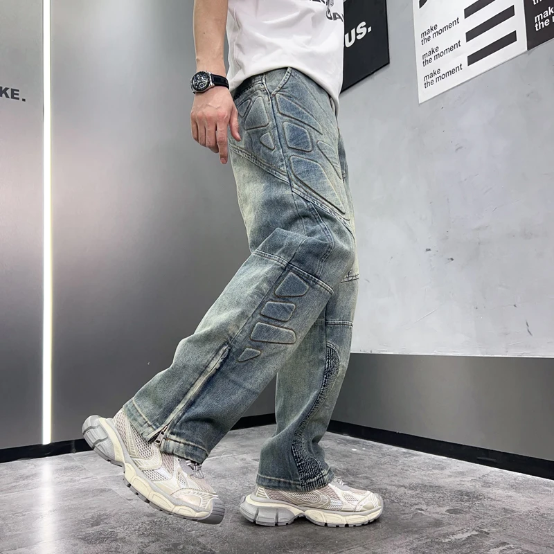 Street shooting loose printed straight pattern high-end men's jeans fashion retro blue wide-leg hollow zipper casual jeans