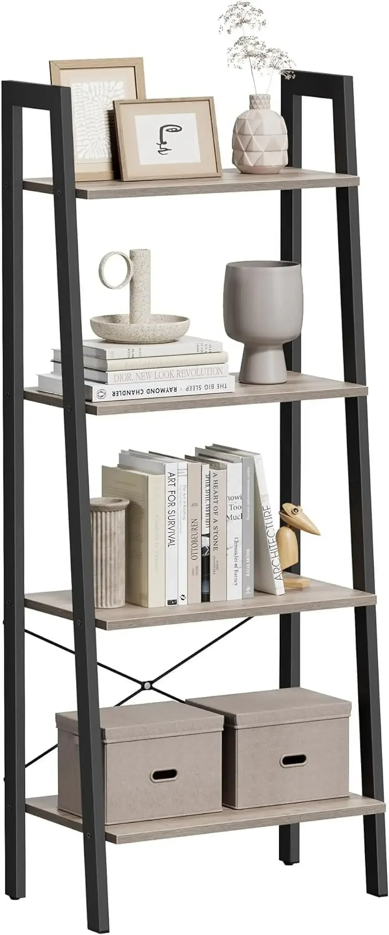 4-Tier Ladder Shelf Ladder Bookshelf Bookcase Storage Rack with Steel Frame Greige and Black