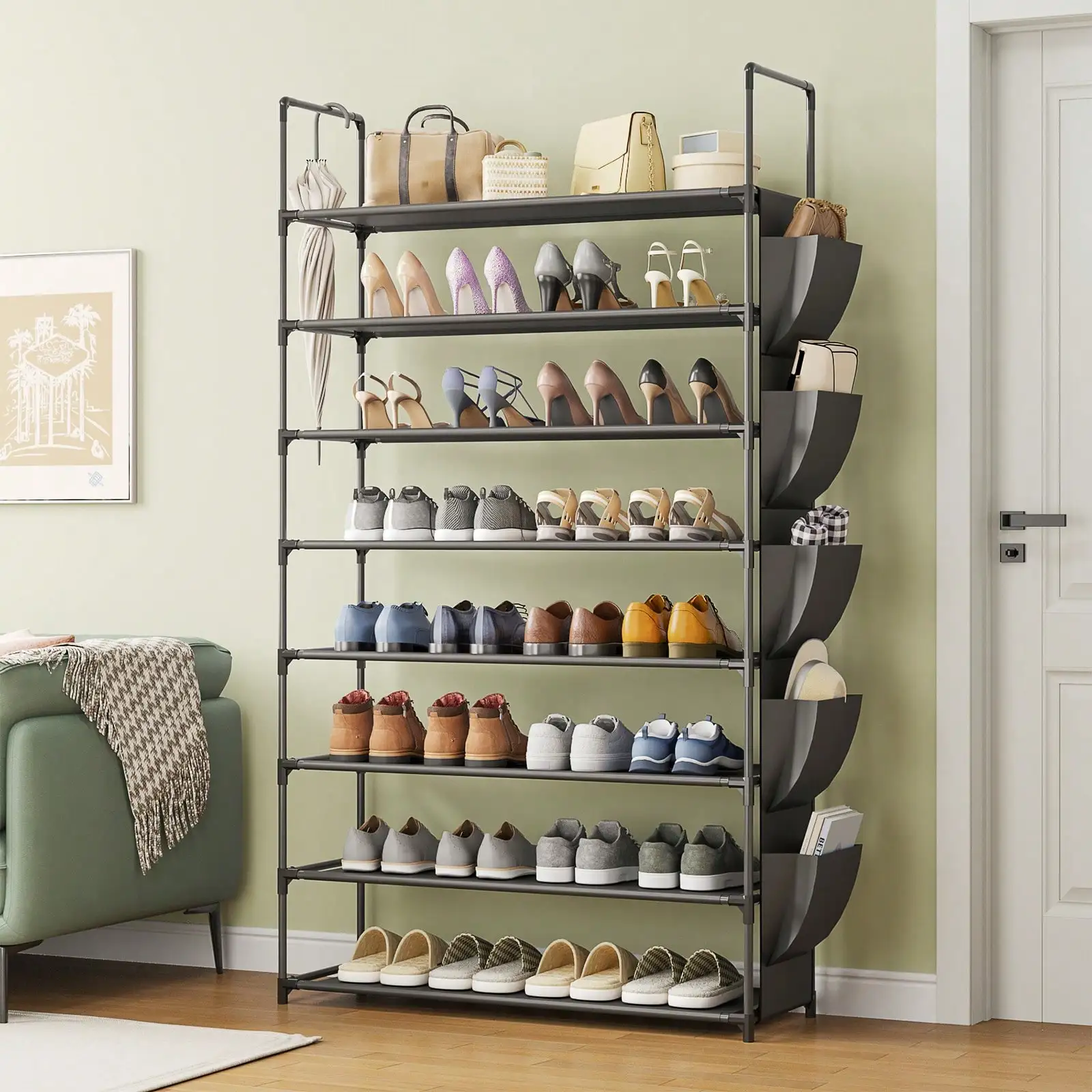 

8 Tier Shoe Organizer,Black Metal And Plastic Shoe Rack, Holds Up To 32-40 Pairs Of Shoes