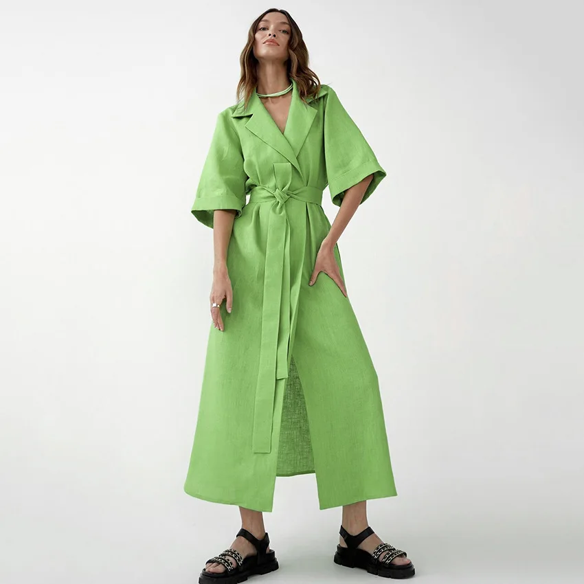 

Elegant Dresses for Women 2023 Cotton Linen Long Wrap Summer Dresses Woman Belt Lace Up Notched Office A-Line Women Dress