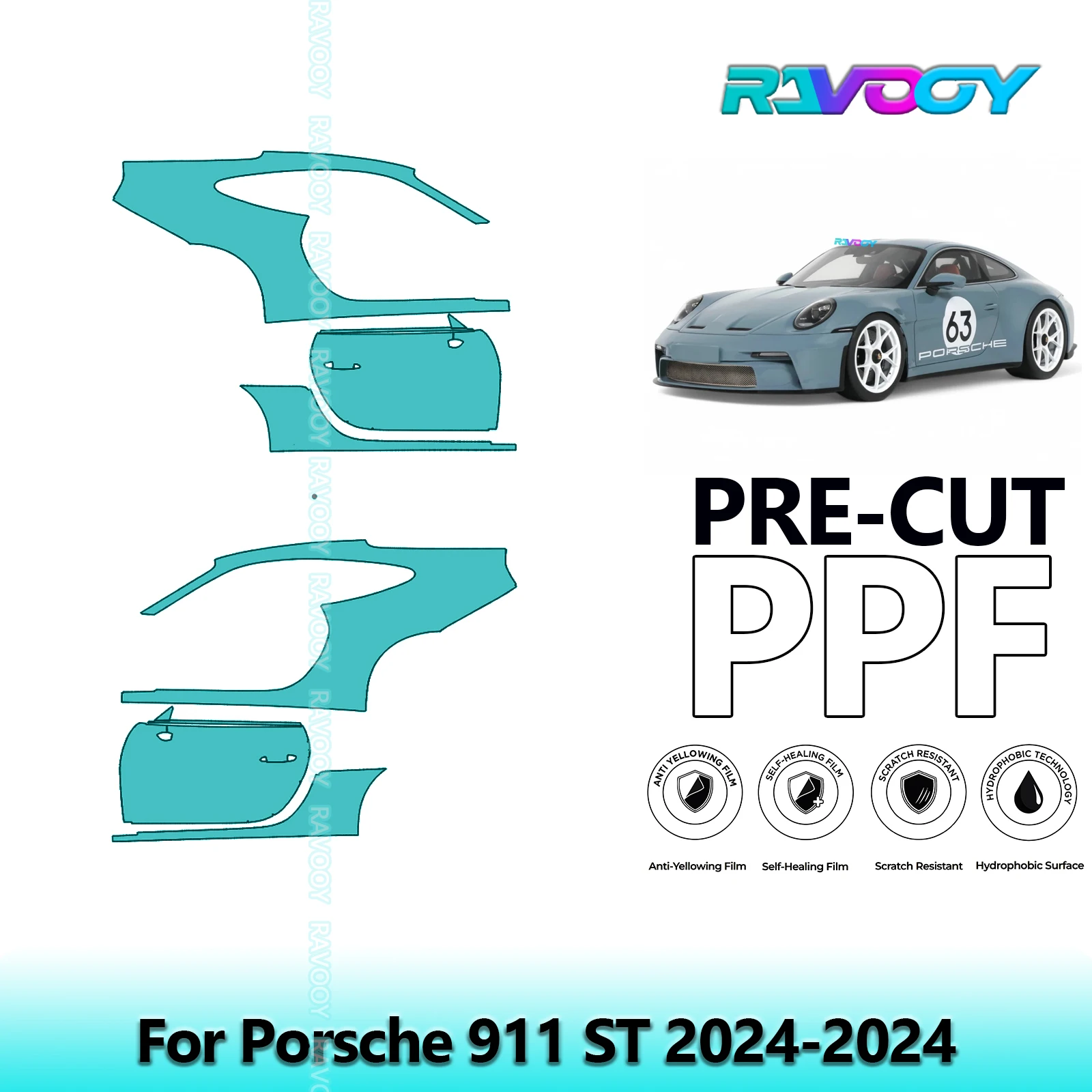 

For Porsche 911 ST 2024-2024 8.5mil Clear Matte Pre-Cut PPF Door & A/B Pillar Kit TPU Paint Protection Film Set