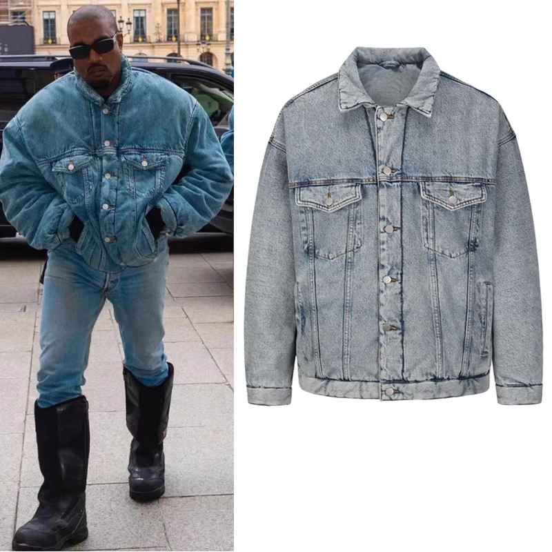 High Street Washed Retro Kanye Jeans Thick Winter Coat Lapel Pockets Oversized Men's Denim Jacket Hip Hop Unisex Windbreaker Top