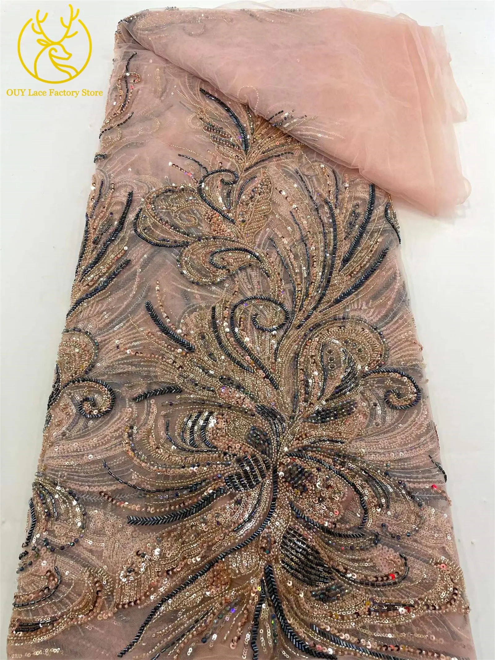 5 Yards luxuriöser afrikanischer Perlenstoff für Bräutigame 2026, exquisite nigerianische Pailletten-Stickerei-Spitze für Damen-Abendkleider zum Nähen – Detail 13
