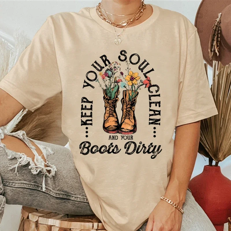 Western Boho T-shirt Women Keep Your Soul Clean and Your Boots Dirty Graphic Tee Shirt Cotton Short Sleeve Cowgirl Boots T Shirt