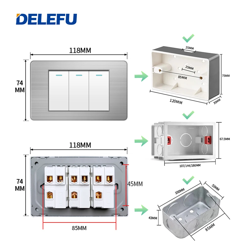 DELEFU 화이트 스테인리스 스틸 패널, 멕시코 표준, C 타입, 미국 콘센트 플러그, 벽 소켓, 라이트 스위치, 고속 충전, 118x72mm