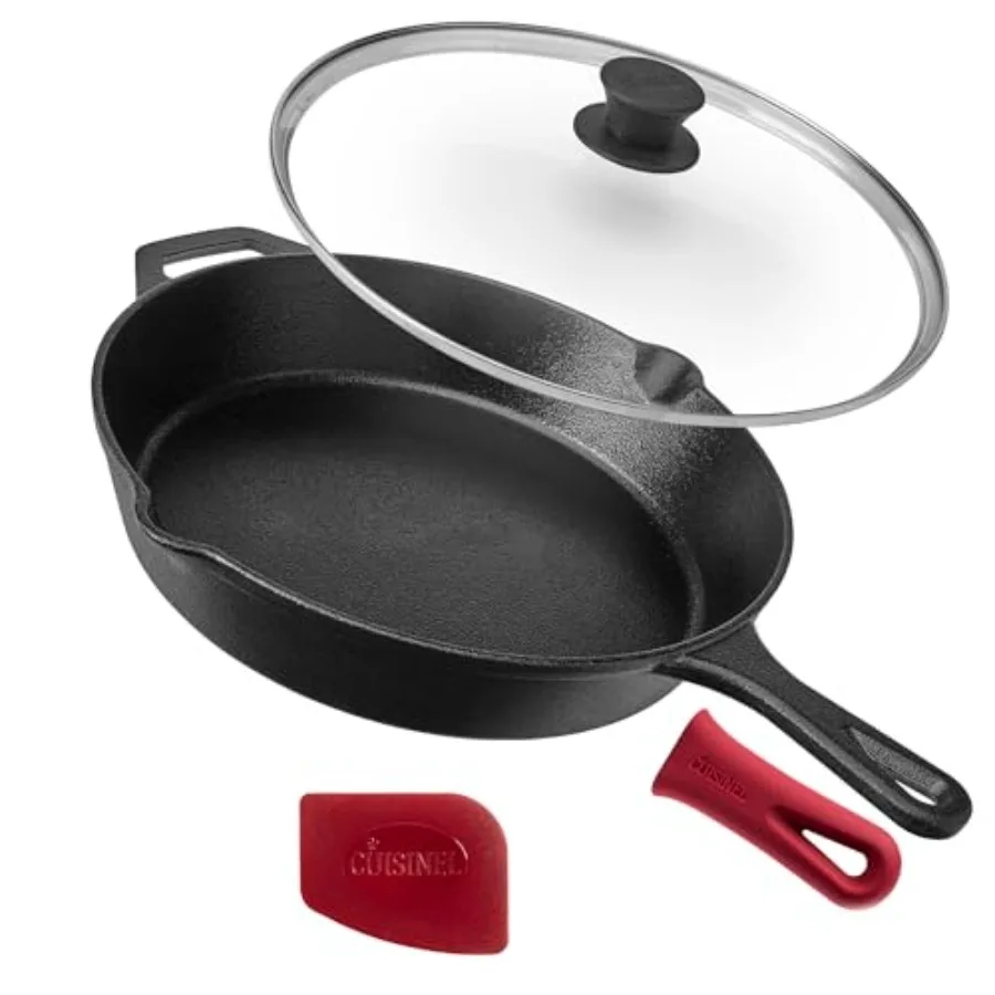 

Pre-asoned Cast Iron Skillet 12-Inc W/Tempered Glass Lid and andle Cover Oven Safe Cookware eat-Resistant older Indoor and Outd