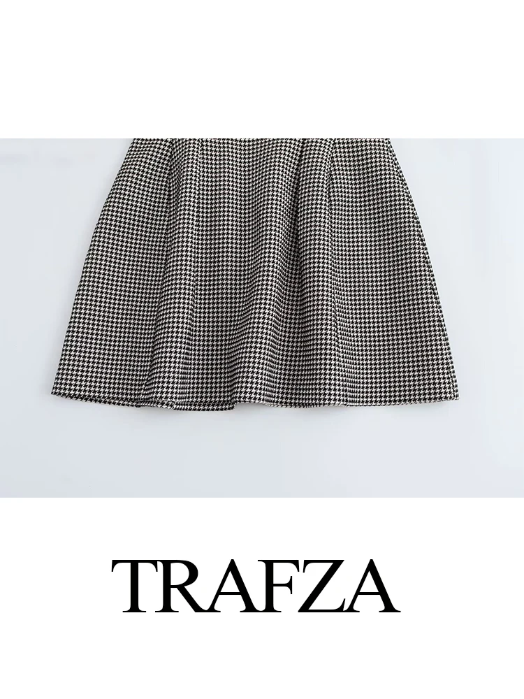 TRAFZA donna estate sexy girocollo elegante pied de poule abito a maniche corte femminile cerniera plaid slim fit mini abito casual Mujer