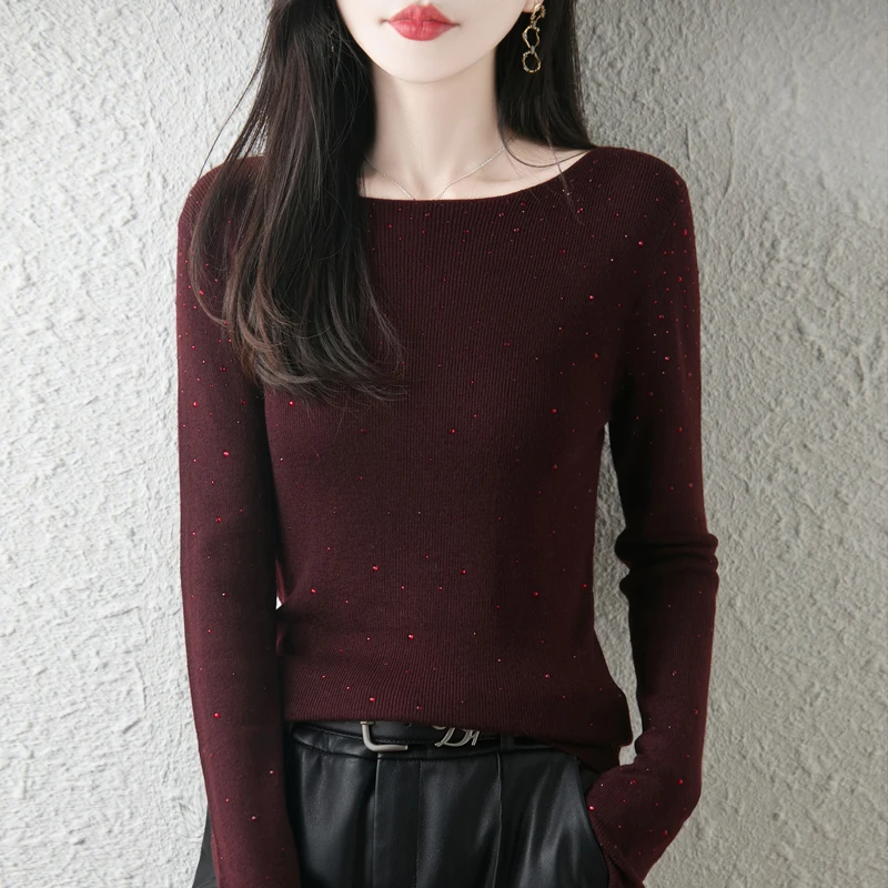 Damski sweter wełniany na jesień/zimę, casualowy, jednolity, z okrągłym dekoltem, dzianinowy top, wyszczuplający, dopasowany sweter z aplikacją z diamentami.