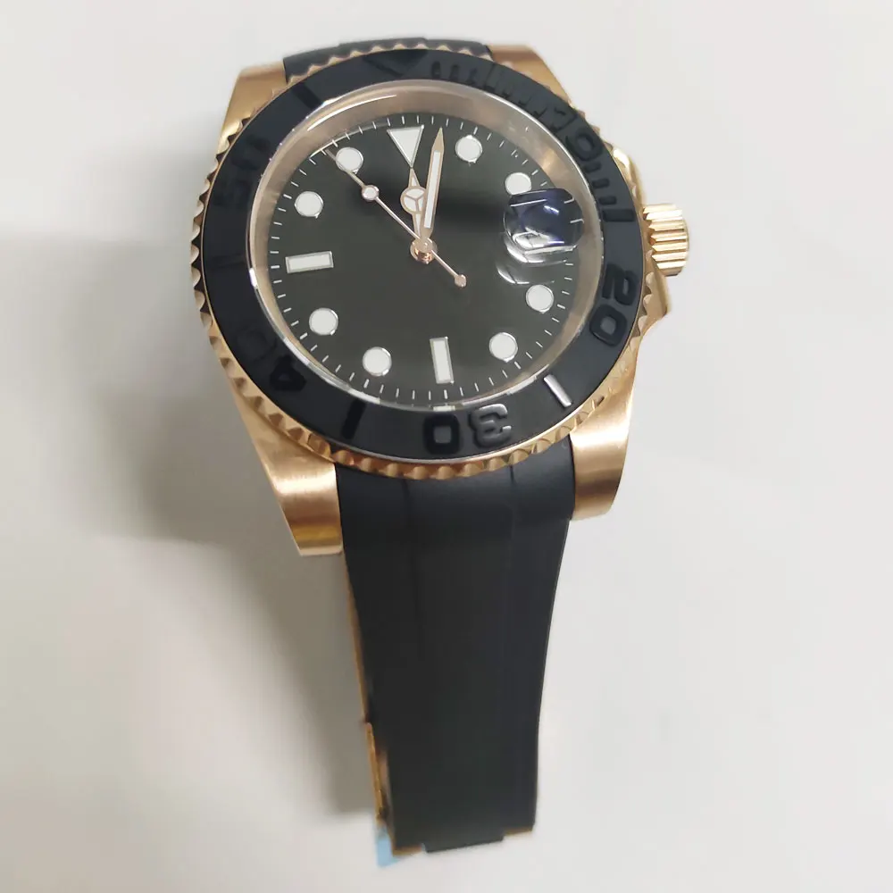 

Fashion Japan 24 Jewels NH35 40mm Rose Gold Watch Case Automatic Men's Watch Miyota Mechanical Brushed Ceremic Bezel Rubber Band