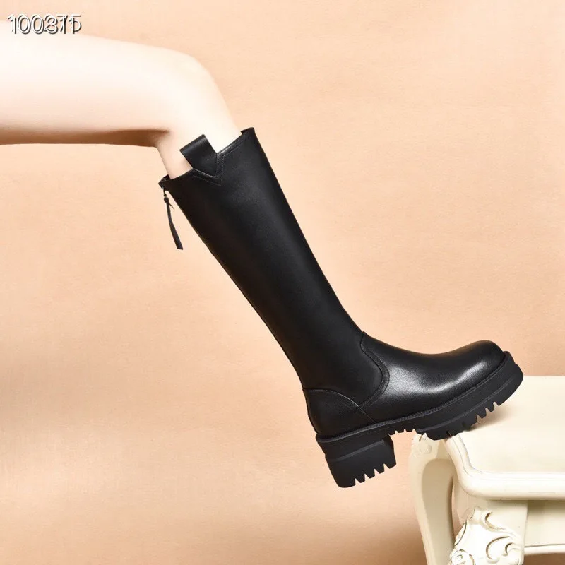 High boots women 2023 autumn and winter new European and American thunder layer cowhide black simple platform boots back zipper