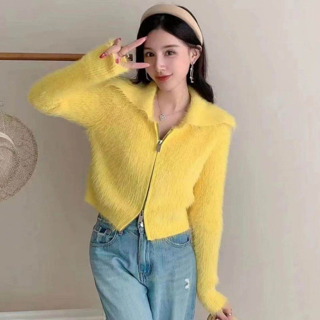 

Chic Fluffy Sweater Women's 2024 New Zipper Knitted Sweater Cardigan Long Sleeve Tops Cropped Cardigan Y2k