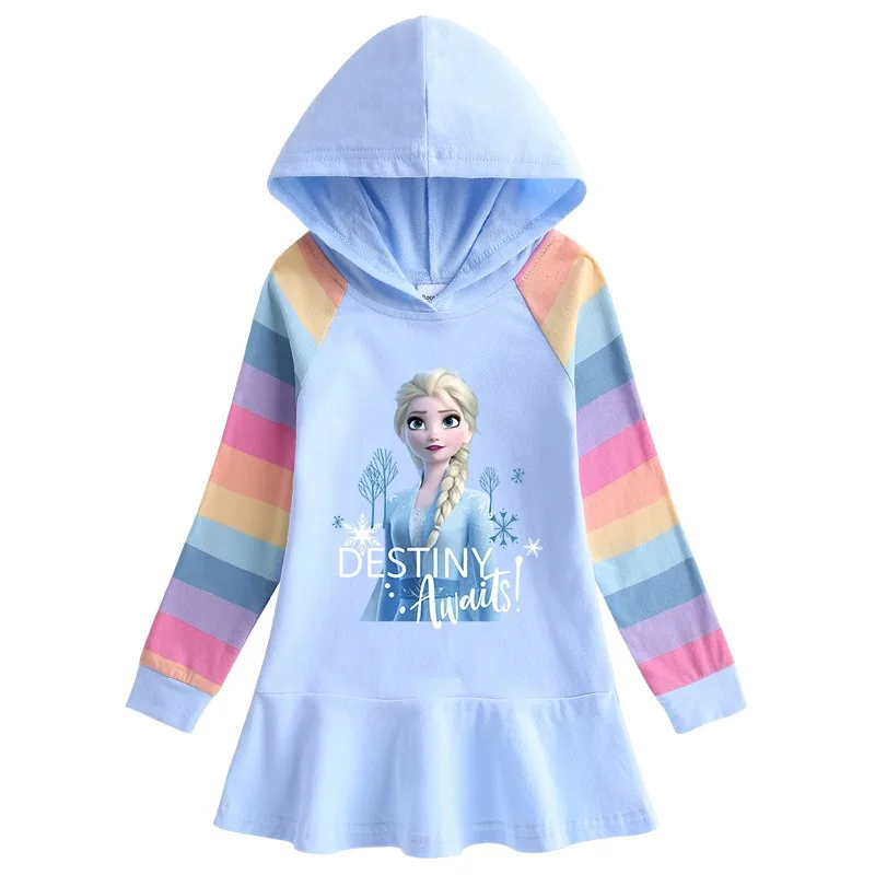 Disney Quality Cotton Autumn Girls Dress Clothing for Children Pink Long Sleeve Kids Blue Frozen Elsa Clothes Hooded