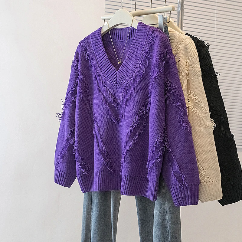 

Элегантный вязаный топ большого размера с бахромой для женщин, осенне-зимний, в корейском стиле, длинный рукав, высококачественный