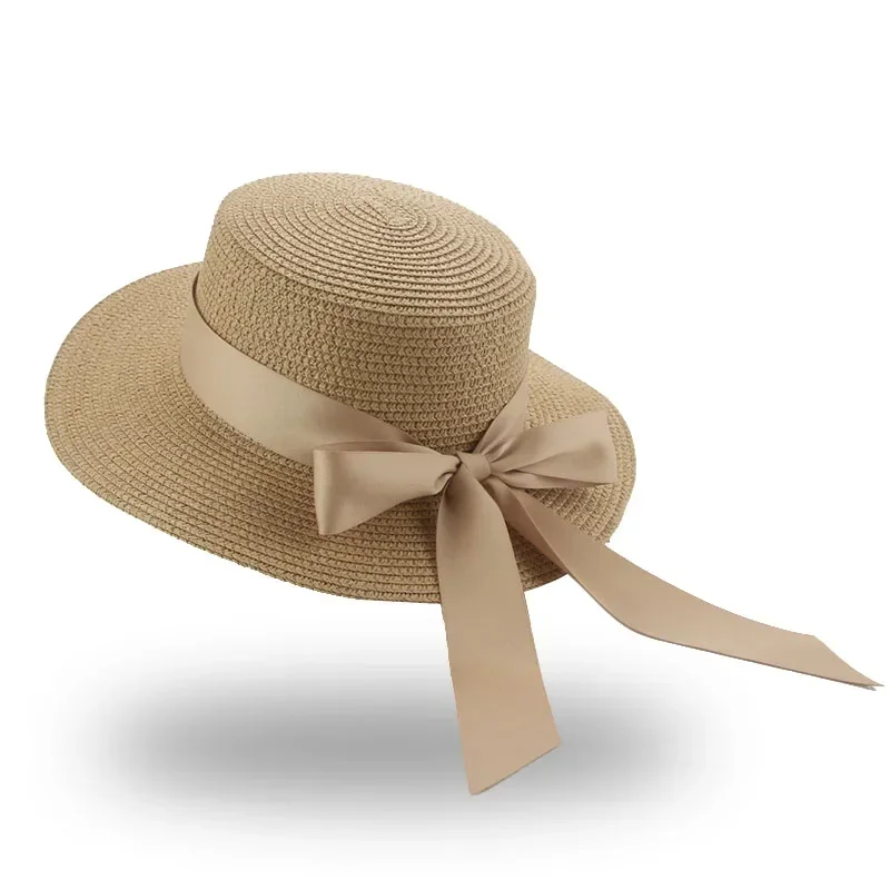 Bucket Hat Beach Summer Straw Hats for Women Flat Top Ribbon Bowknot Elegant Luxury Straw Women Summer Hats Sombreros De Mujer