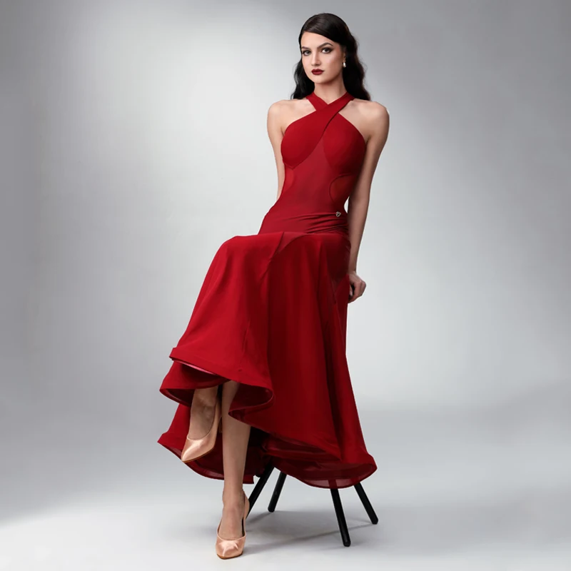High-End Women Party Latin Dance Dress Red Halter Latin Dancing Dress Ballroom Dance Competition Dress Stage Wear SL8732