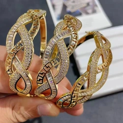 Gold Color Women Bracelet White Crystal CZ Stone Brass Copper Bangle Jewelry