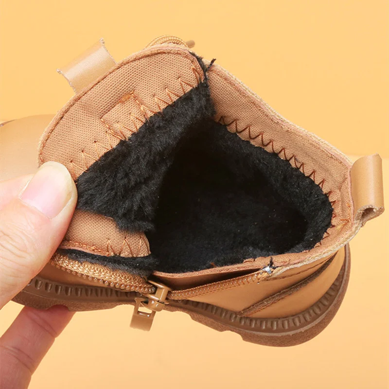 2024 New Autumn/Winter Baby Boots For Boys Leather Kids Ankle Boots With Short Fur Soft Sole Fashion Toddler Children Boots