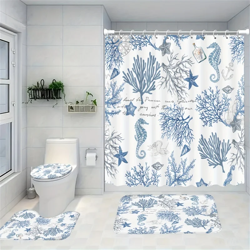 1/4pcs Marine Plant Seahorse Coral Pattern Shower Curtain Set, Shower Curtain With 12 Hooks, Non-Slip Bath Mat, U-Shaped Toilet