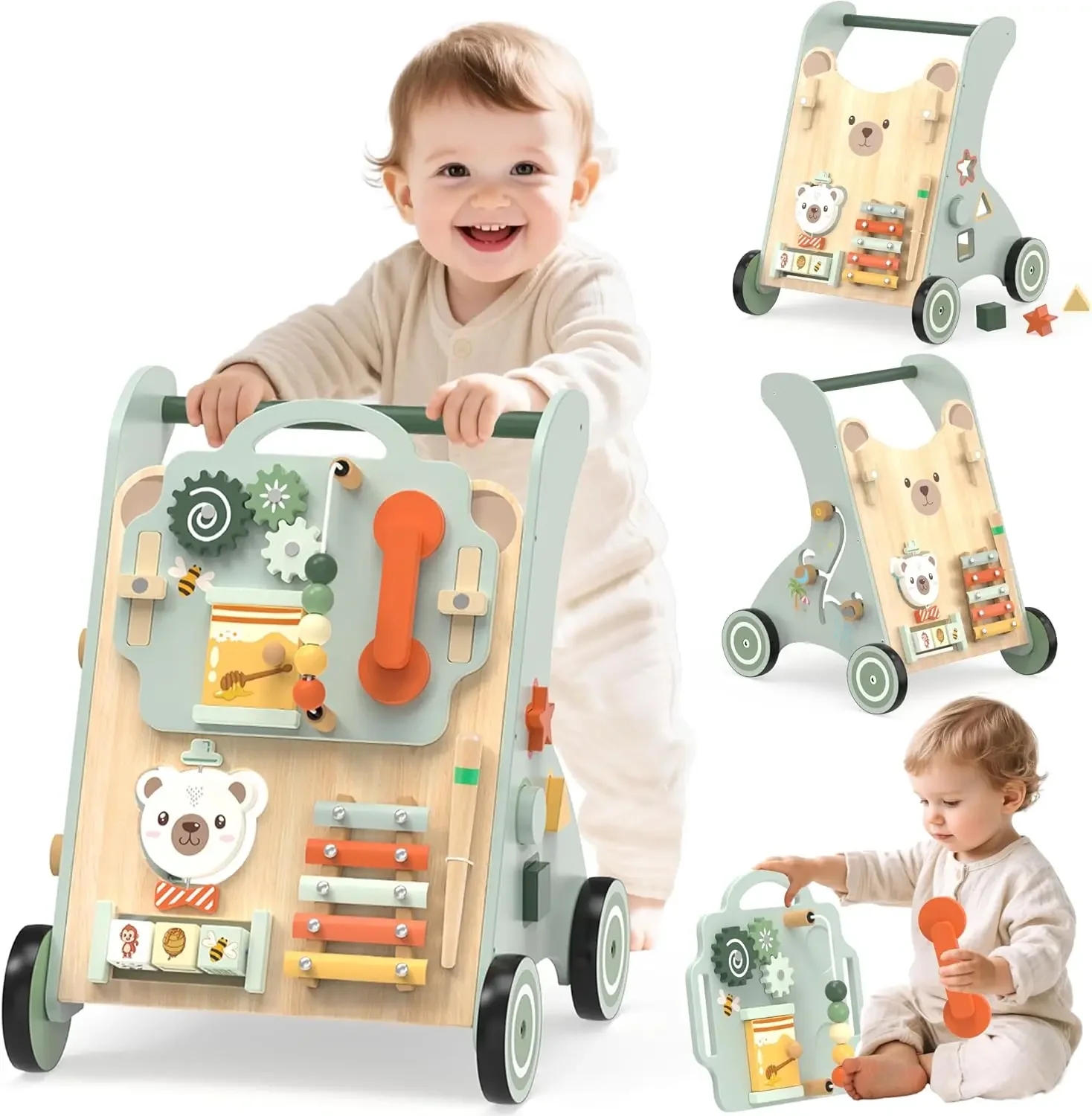 

Adjustable Speed Baby Push Walker, 10-in-1 Montessori Toy for Toddlers, Detachable Busy Board