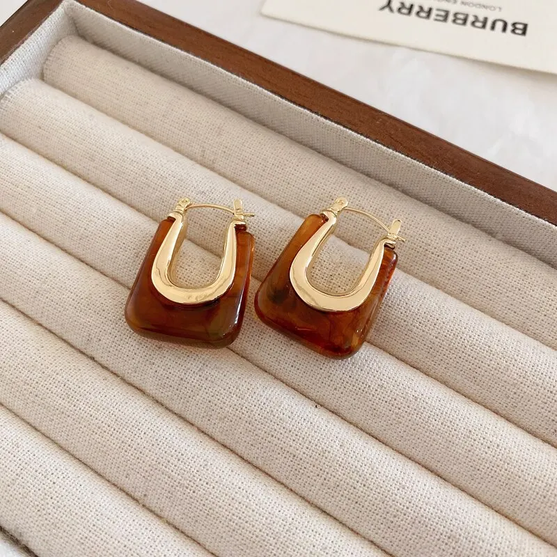 Effen Kleur Hars U-Vormige Onregelmatige Hoepel Oorbellen Voor Vrouwen Nieuwe Vintage Veelzijdige Oorgespen Delicate Mode Sieraden Groothandel