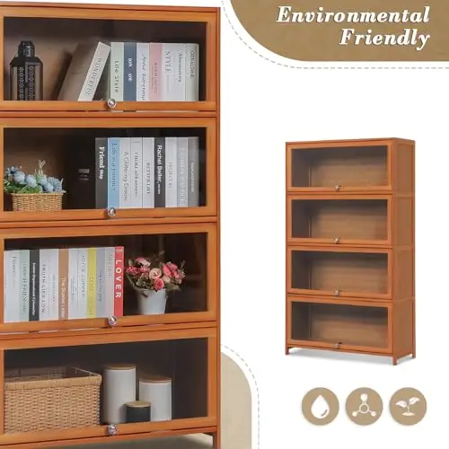 Four-Level Wooden Storage Cabinet With Clear Glass Doors Modern Freestanding Bookshelf For Home Office Bedroom Living Space