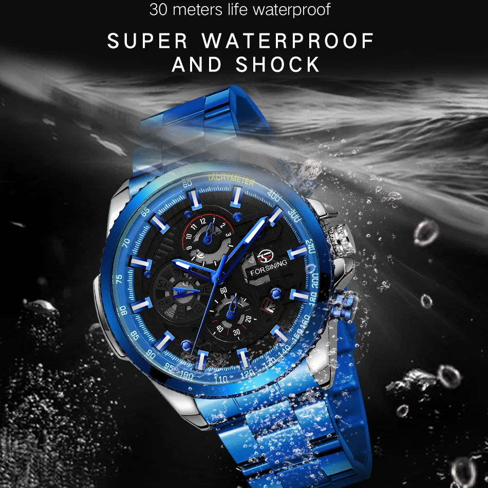 Sport impermeabile luminoso blu grandi orologi meccanici orologio da uomo in acciaio inossidabile di lusso orologio da polso automatico