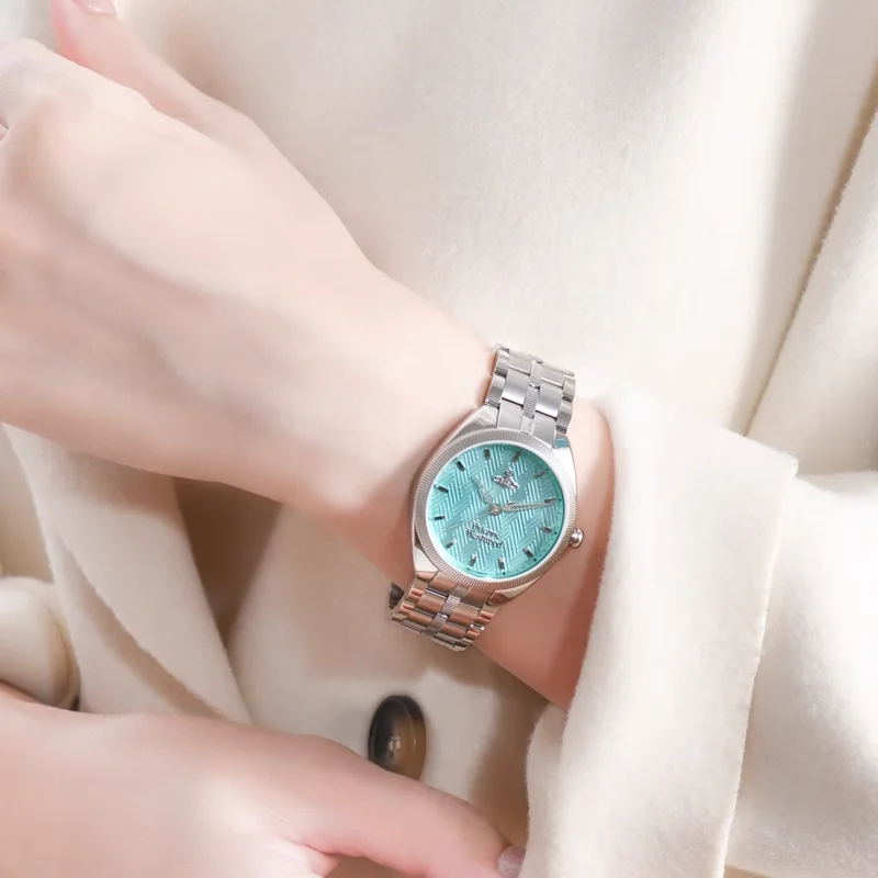 Koleksi Wanita Vivienne Westwood 2025 - Jam Tangan Tali Baja Tahan Karat Estetika Tinggi Biru Danau