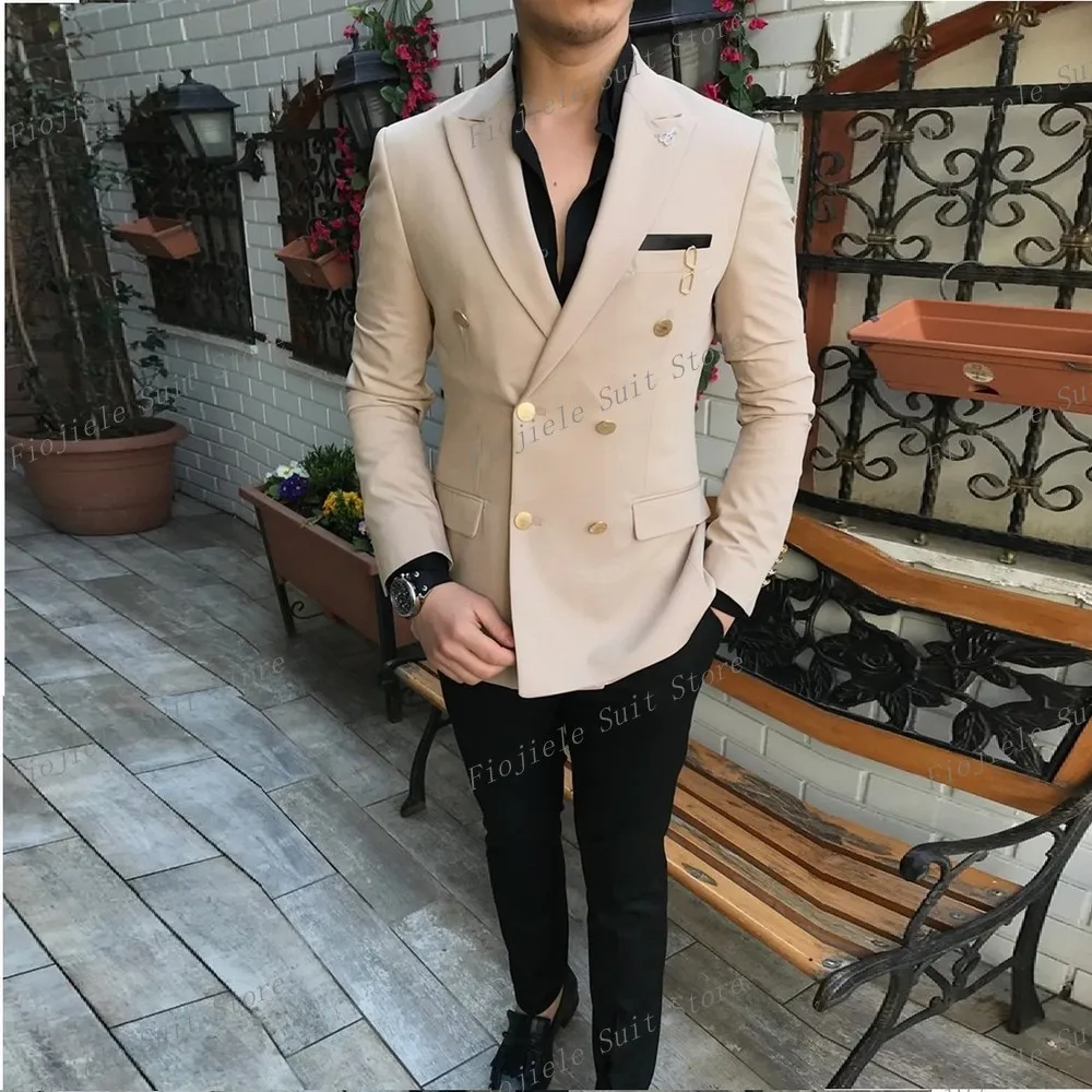 

Beige Jacket Black Pants 2 Piece Set Men Tuxedo Groom Groomsman Business Suit Wedding Party Dress Special Occasions Tuxedo