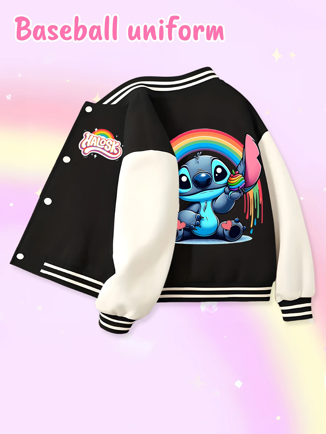 Chaqueta de béisbol de tendencia de moda de Disney, adecuada para deportes diarios y ropa casual, estampada con lindo patrón de Stitch, bonito regalo.