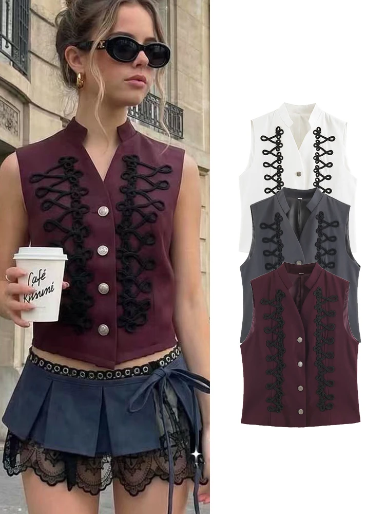 TFMLN Women's Knot Button Waistcoat Stand Collar Sleeveless Slim Double Breasted Decor Tank Tops Coat Fashion New Lady Outwear