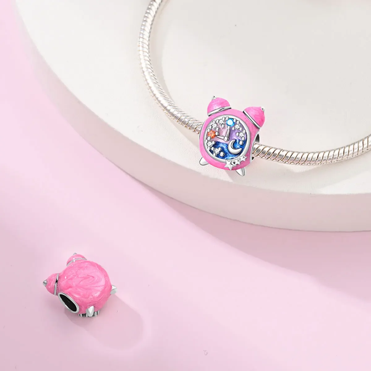 charms original 925 silver Pink alarm clock beads fit bracelet jewelry diy women Party gift