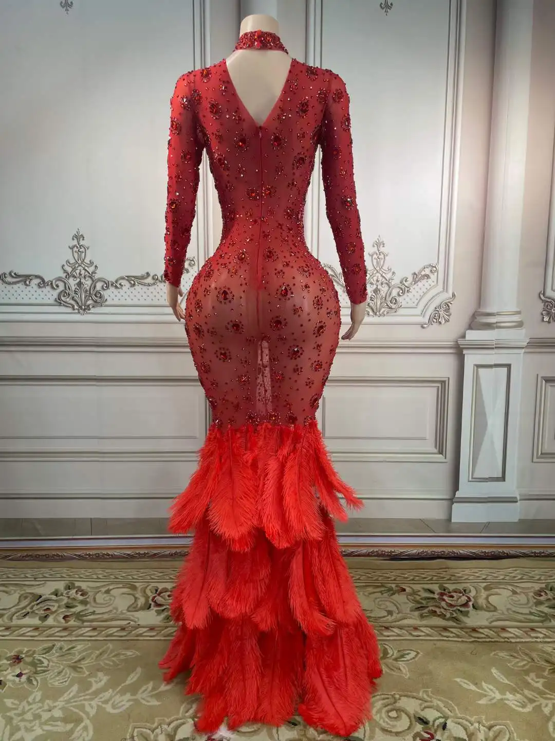 Feminino elegante strass pena elastano vestido drag queen outfit vermelho baile de formatura elegante noite clube palco wear