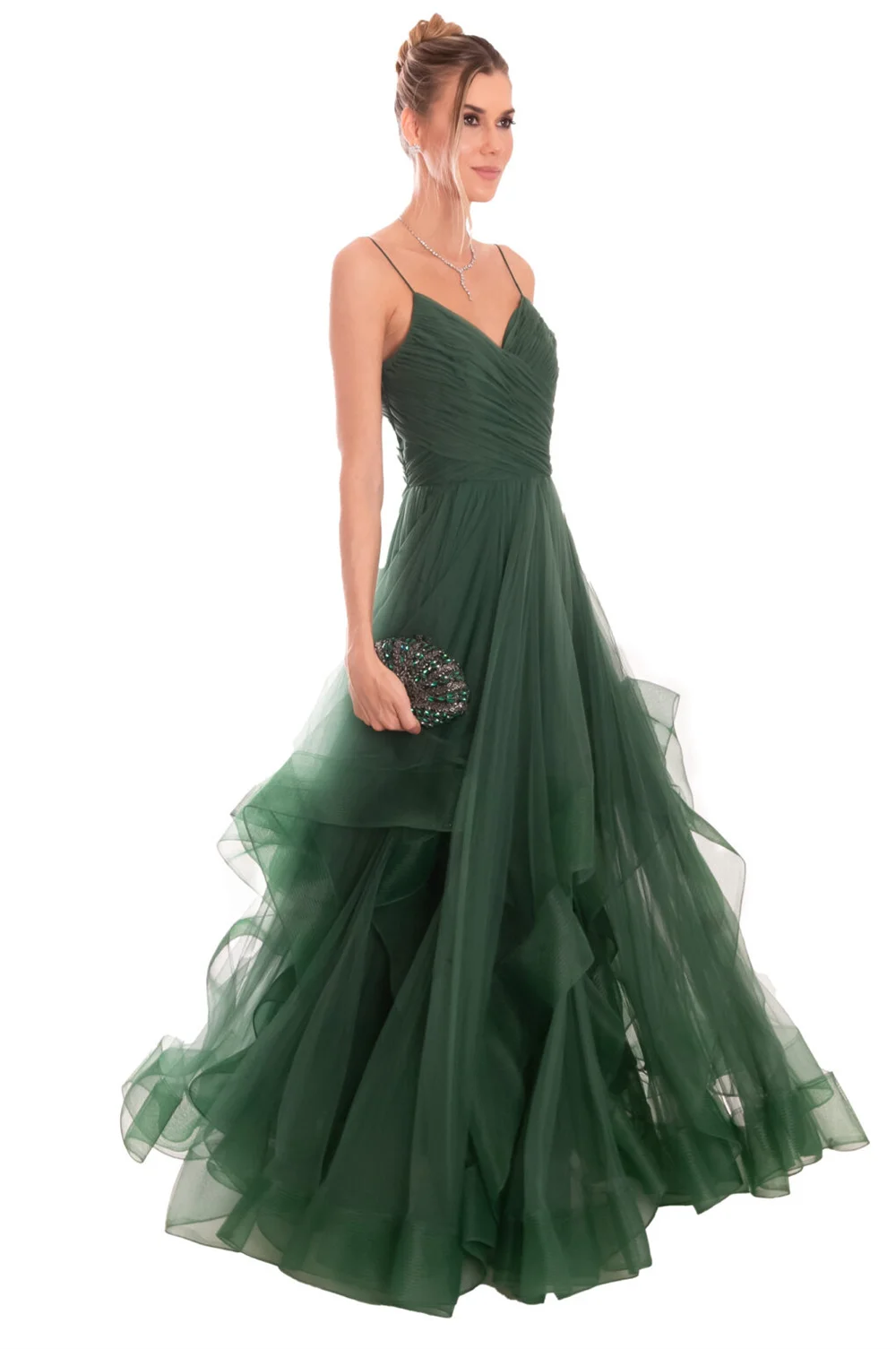 Jessica Curly Edge Layering Prom Dresses Dark Green Evening Dress Tulle Sexy Backless Formal Occasions Elegant Lady Party Dress