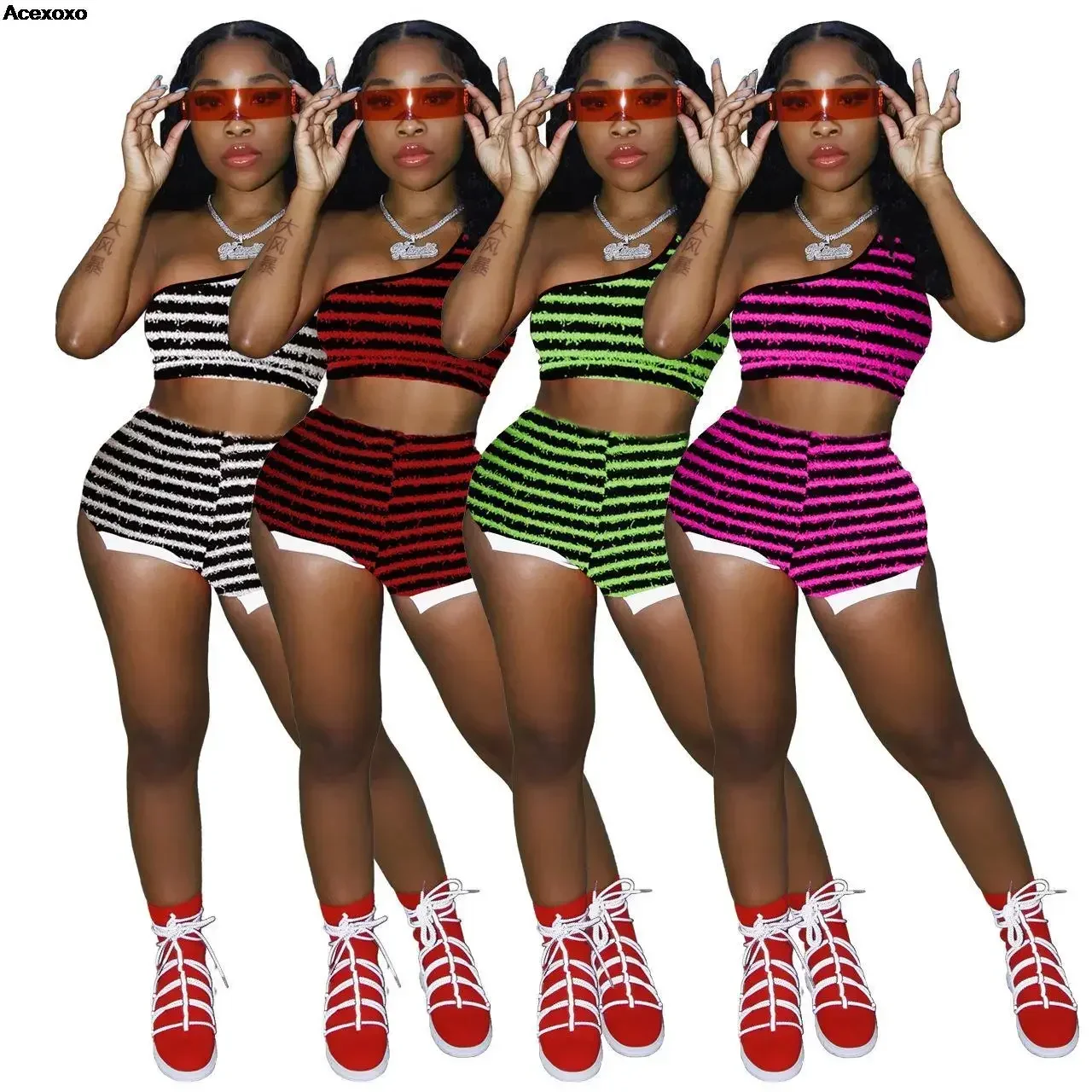 

Summer new women sexy stylish texture striped vest shorts casual two-piece set