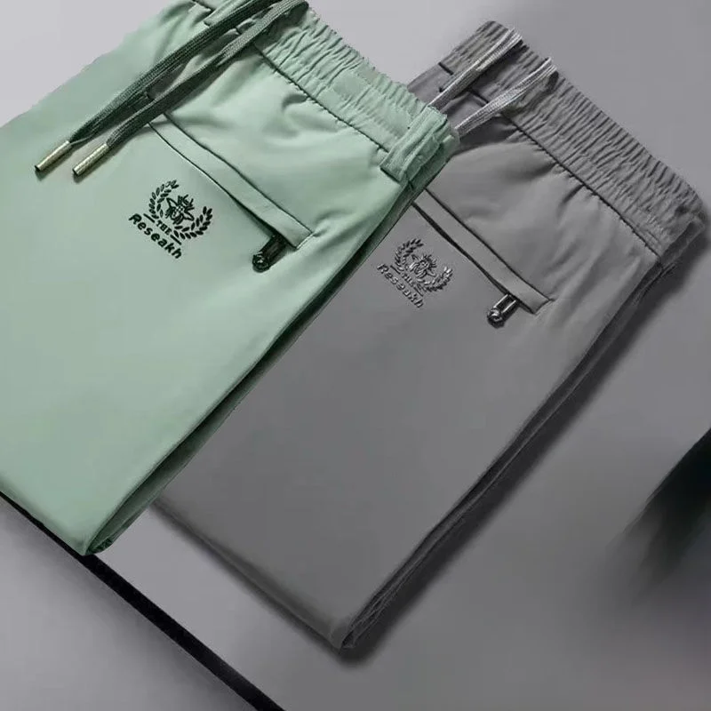 

High Elasticity Ice Silk Men's Casual Pants Thin Summer Nine Points Fashionable City Style Straight Leg Pocket Detail No Ironing