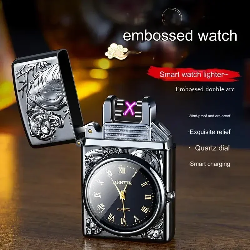 Metal Windproof Lighter Embossed Electronic Watch Dual Arc Rechargeable Lighter Pulse Cigarette Lighter Gift Smoking Accessories