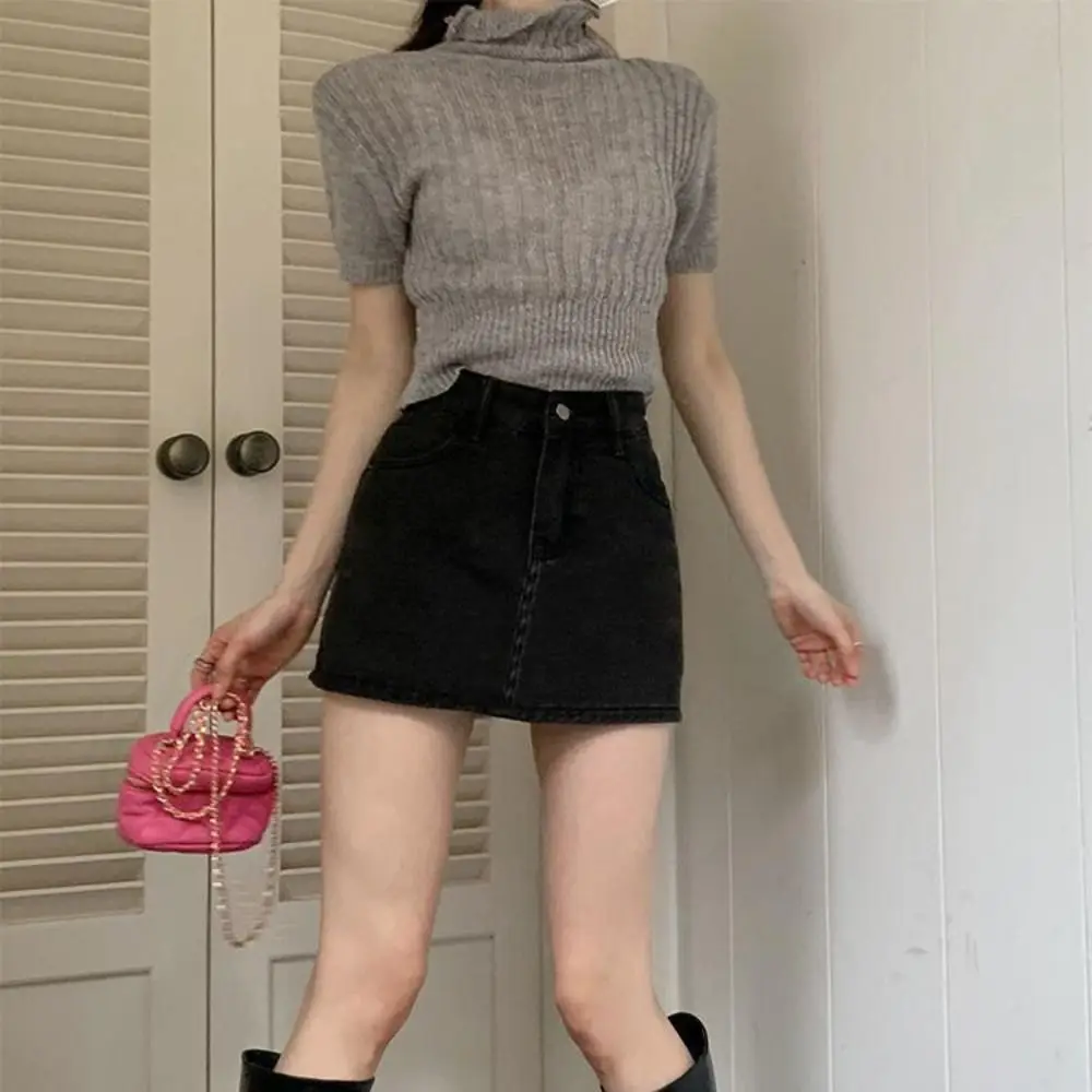 Classic High Waist Jean Skirt Stretchy Retro Denim Skirts Slim Fit A-Line Cargo Skirt Women