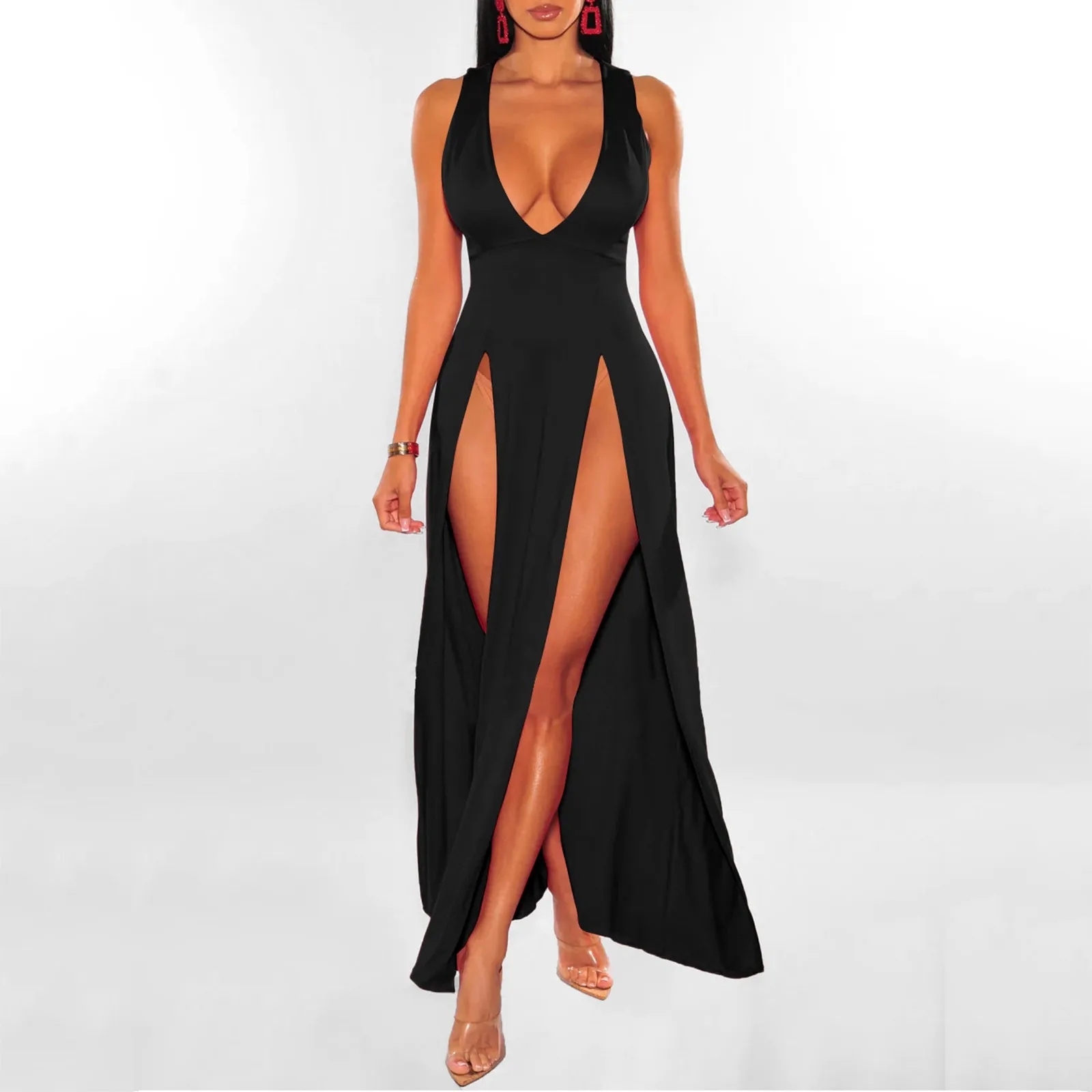 Women's Cocktail Dress Solid Color Sleeveless Deep V Neck High Side Slit Bodycon Black Dress Sexy Party Dress платья женское