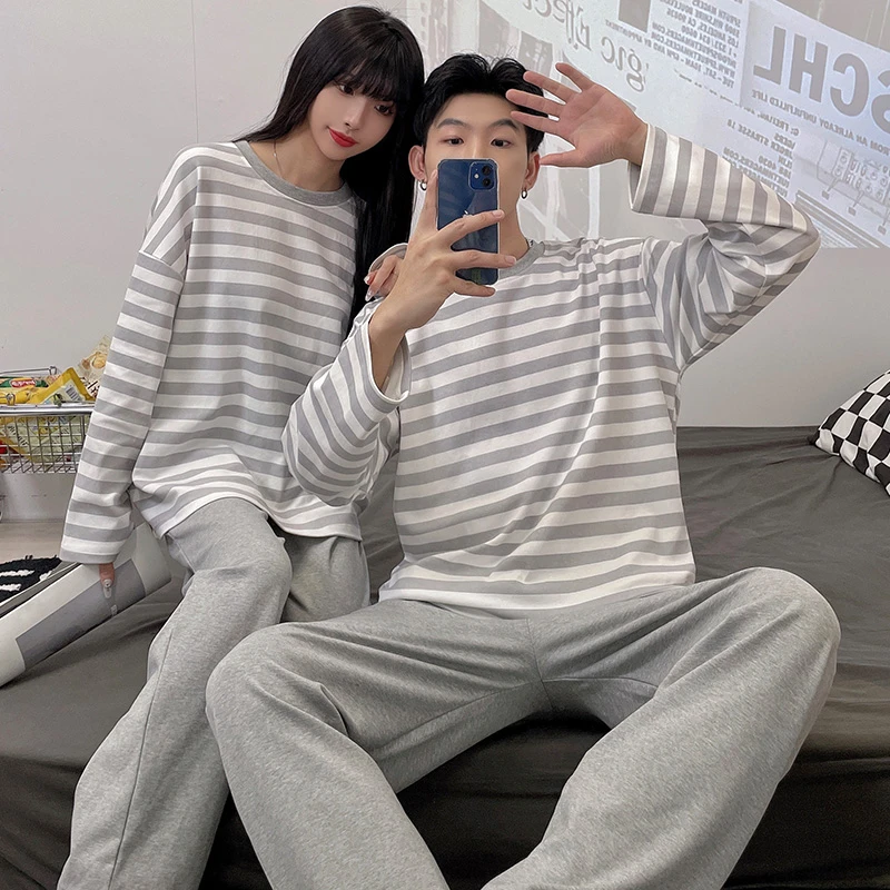 Cotton Men Pajamas Plus Size Autumn and Winter Striped Long-Sleeved Trousers 2 Piece Set Sleepwear Casual Breathable Home Wear