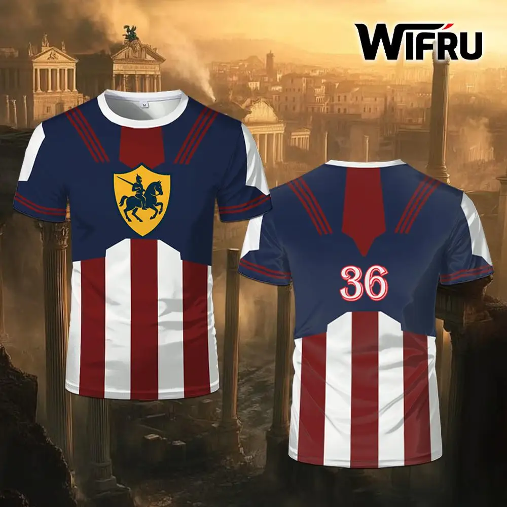 

Medieval Style Knight Shield Print Jersey Outdoor Sports Breathable Casual Short Sleeve T-shirt WIFRU Fashion Retro Striped Tops