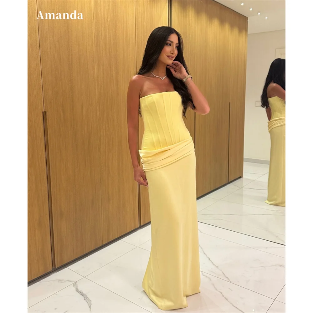 

Amanda Customized Yellow Strapless Mermaid Prom Dresses Corset Sleeveless vestidos de noche Elegant Floor-Length Formal Evening