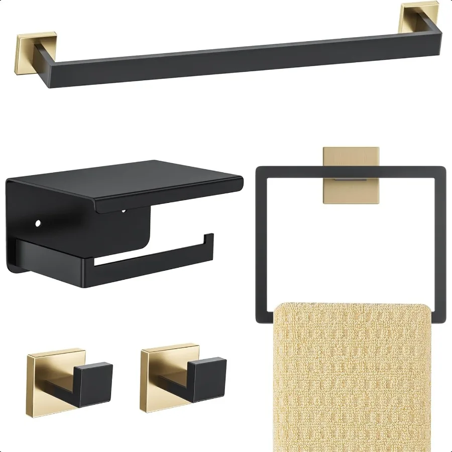 Set di accessori per il bagno in oro e nero Set di 5 portasciugamani Set di portasciugamani in acciaio inossidabile Set portasciugamani da 16 pollici