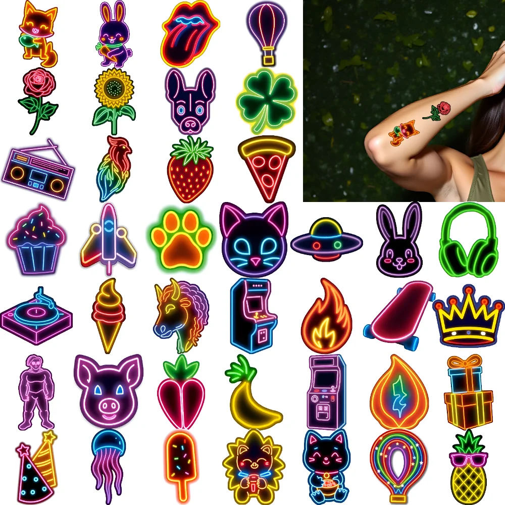 

63pcs Temporary Tattoo Ice Cream Sticker Waterproof Long-lasting Body Stickers Butterfly Sticker Neon Light For Cheeks Boys