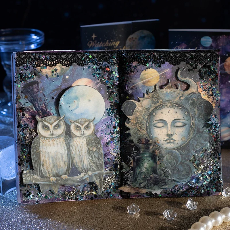 30Pieces Material Paper Watching Starry Sky Moon Phase Background Handwriting Primer Handbook Notepad Scrapbook 172*117MM