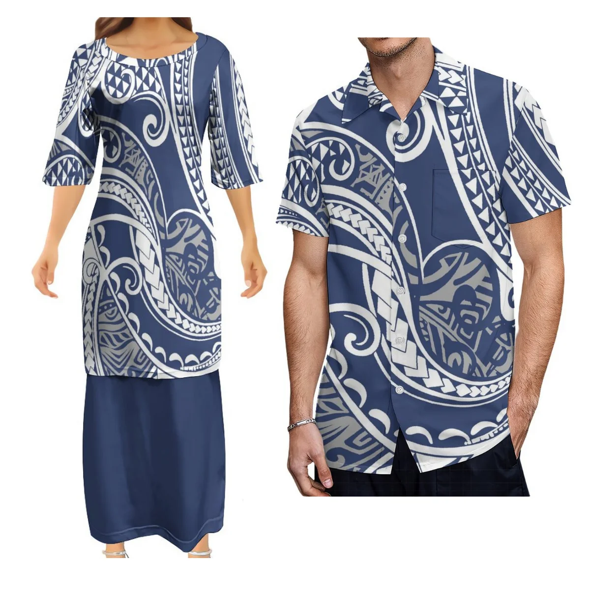 

Summer Crew-Neck Women'S Mid-Sleeve Dress Set puletasi Dress And Men'S Shirt Polynesian Island Design Couple Suit