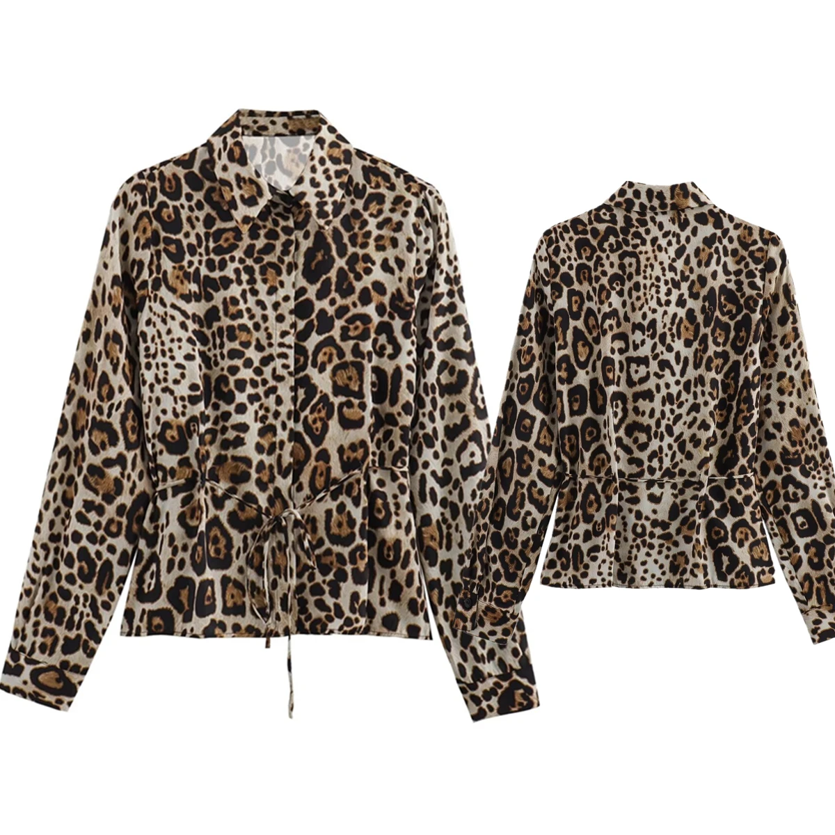 

Jenny&Dave Fashion Retro With Sashes Waist Casual Shirt For Women Blouse Tops Leopard Print Long Sleeved Shirt